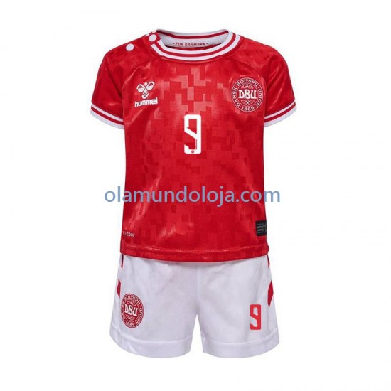 Camisola Dinamarca Hojlund 9 Criança Equipamento Primeiro Euro 2024 Manga Curta